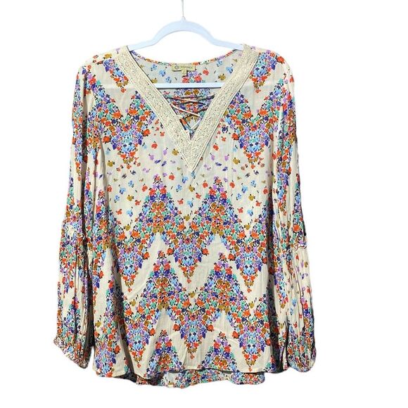 Democracy Boho Floral Crisscross V-Neck Embroidered Lace Neck Blouse Women's L - Picture 1 of 15